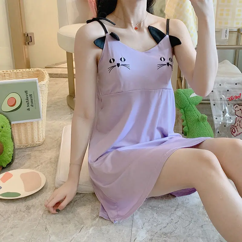 Women's Black Nightwear With Bra Kawaii Anime Sexy Pink Mini Nightdress Summer Nightgown Sleeveless Home Wear Female Clothes