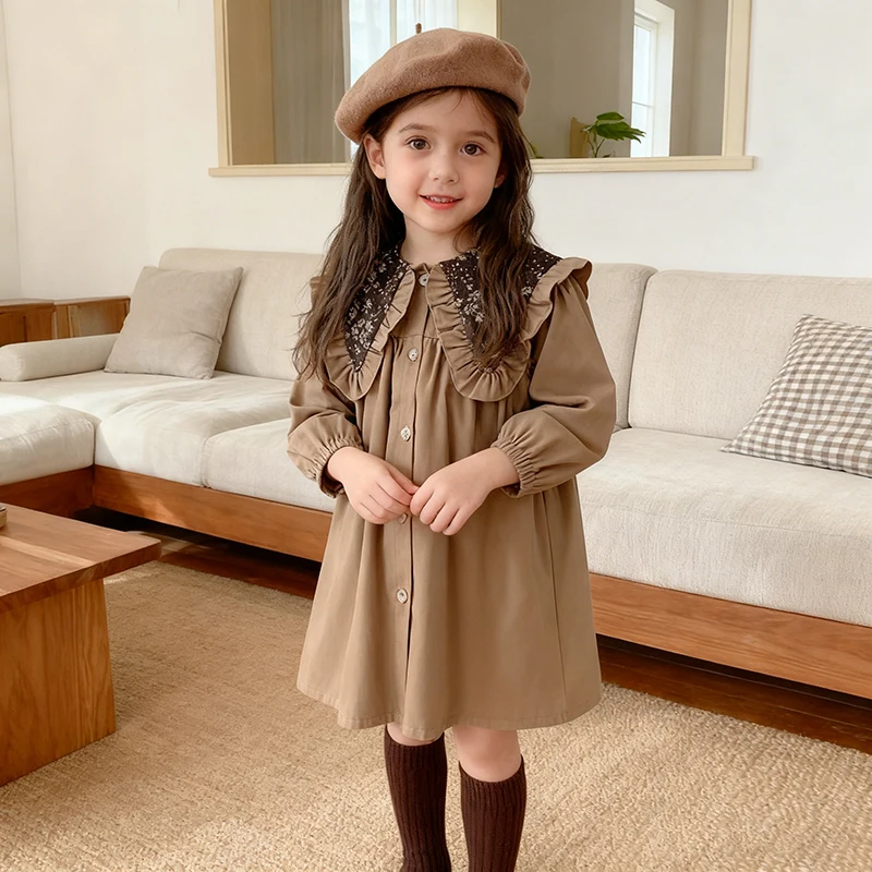 2026 Spring Girl Dress 2-6Y Kids Princess Children Party Brown Dresses New Long sleeved Cotton Retro Lapel Wed Party Sweet Dress