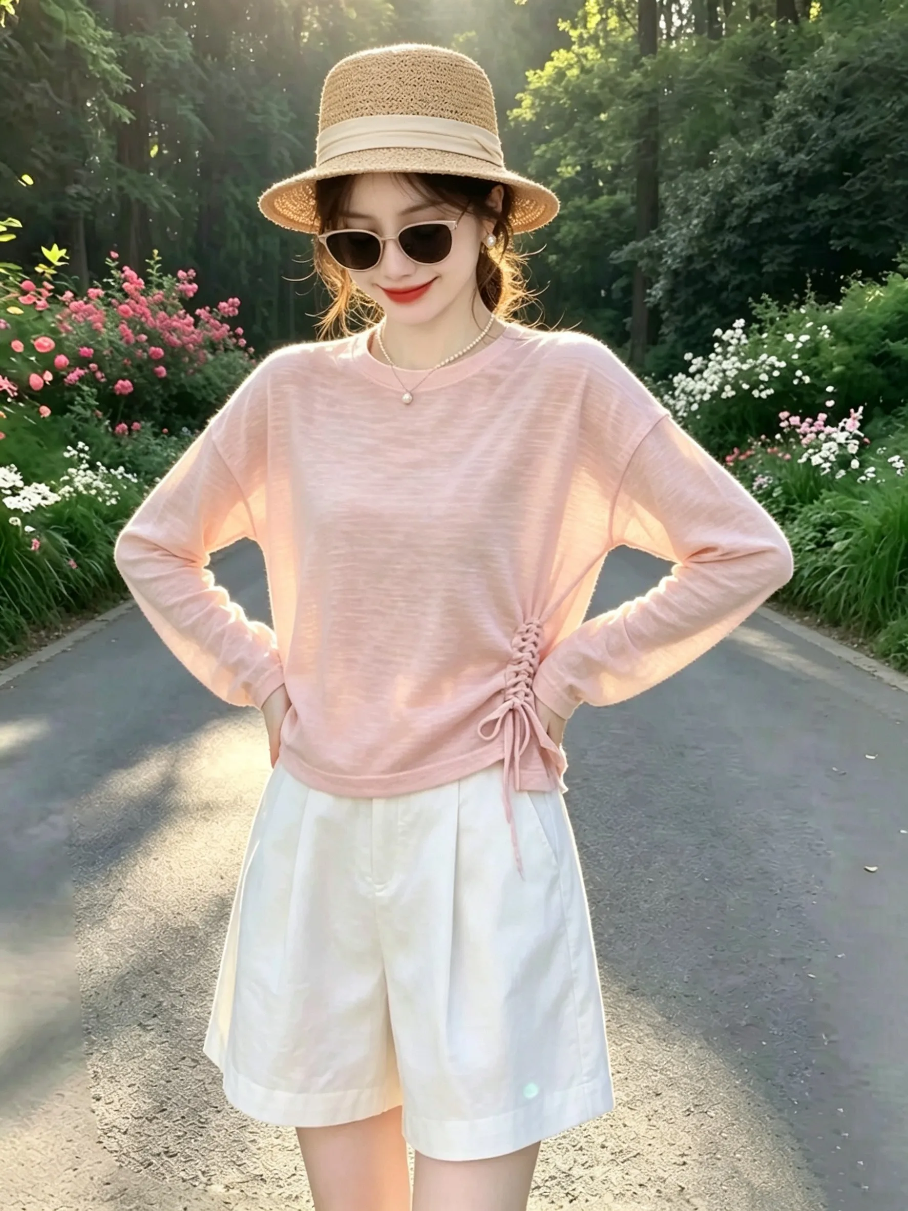 Korean Sweet Fashion Long Sleeve T-Shirt Women's Summer New Sun Protection Cover up Loose Drawstring Waist Slimming Top