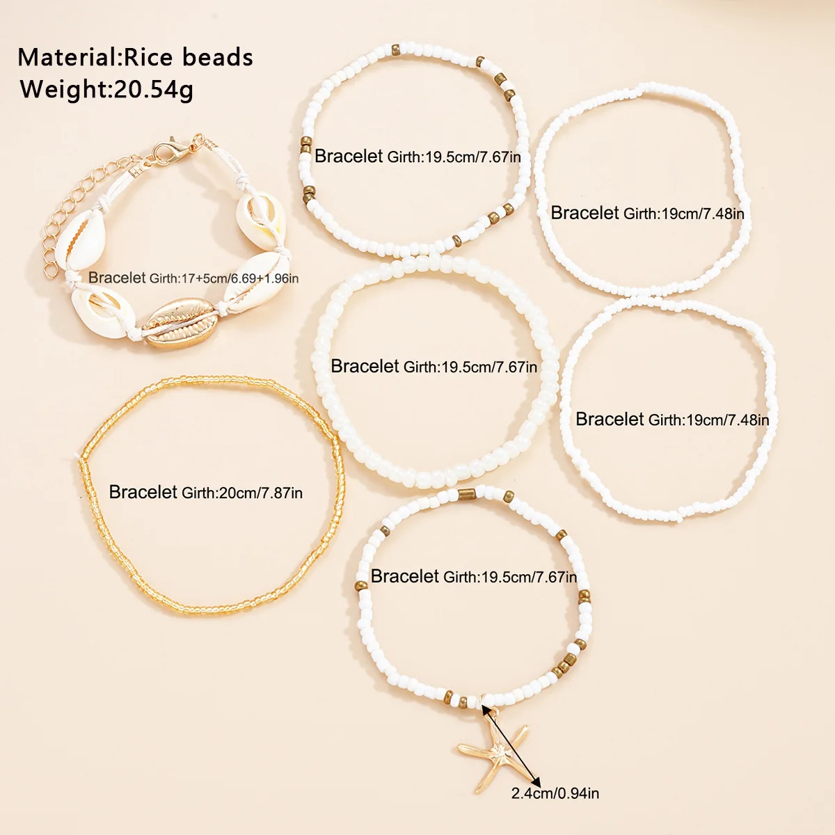 New Bohemian summer beach wind rice beads shell starfish multi-layer bracelet 7-piece female