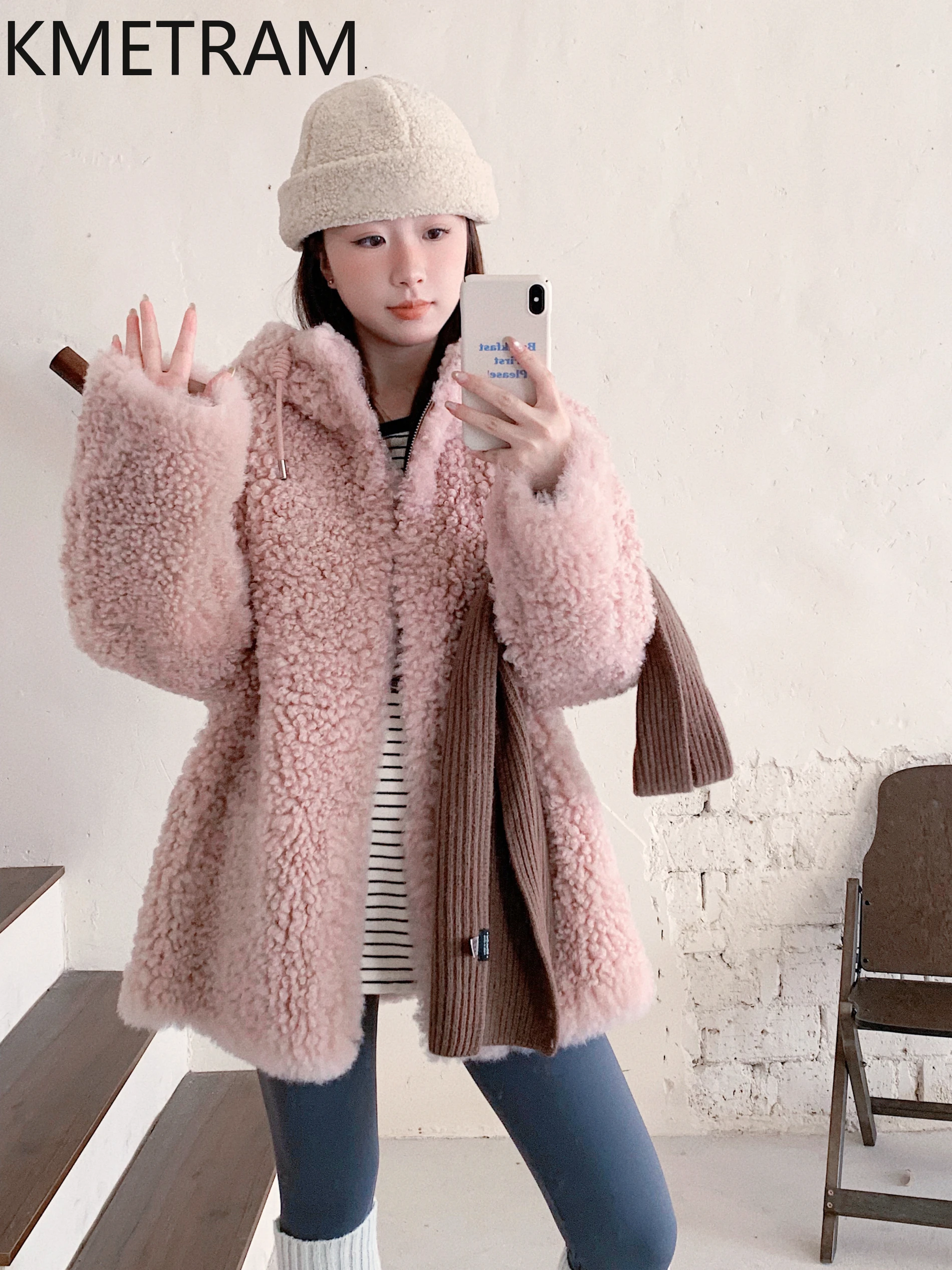 KMETRAM Natural Tuscany Sheepskin with Wool Attached Jacket Woman Reversible Real Fur Coat Hooded New in Coats Winter Clothing