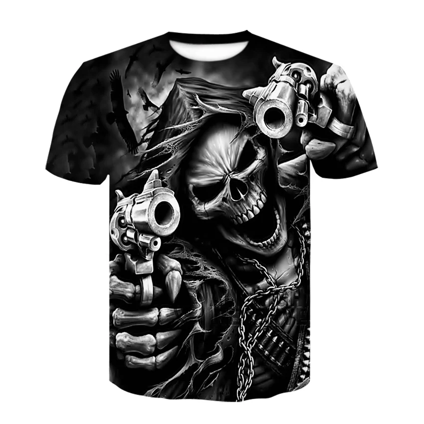 Camiseta masculina de caveira de terror estampada em 3D, blusa confortável, tamanho grande, casual, tendência de rua, personalidade moda verão