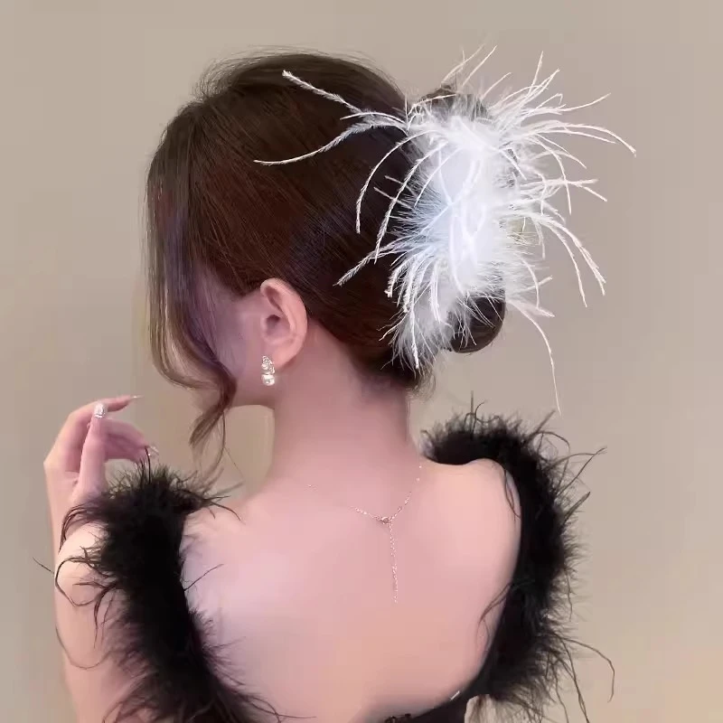 Shark clip Feather Clip High end Ostrich Hair Clip Back Head Spoon Hair Clip Super Immortal Headwear