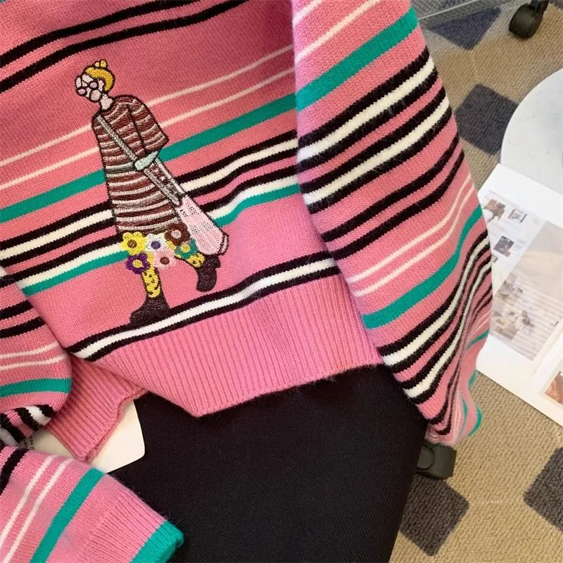 Cartoon Embroidery Stripe Sweater Pullovers Women Casual Knitwear korean reviews many clothes O Neck Long Sleeve Knit Sweater