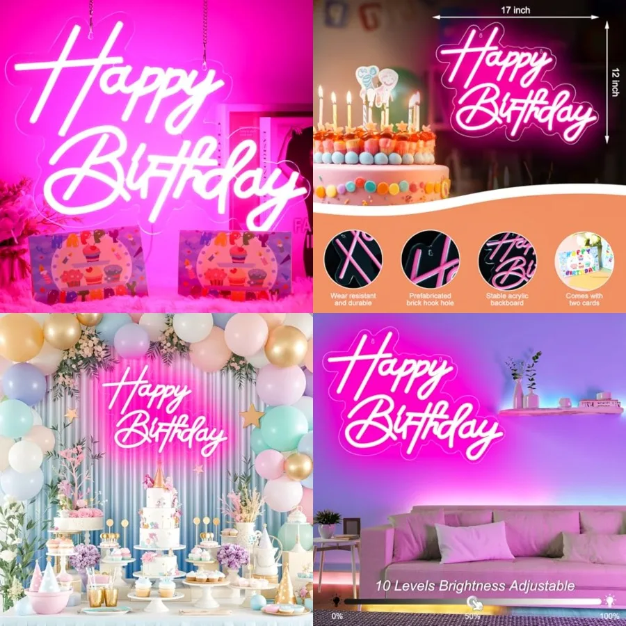 Happy Birthday Neon Sign for Wall Decor, USB Powered LED Neon Sign with Dimmable Brightness, Ideal for All Ages Birthday Partie