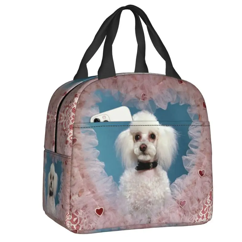 

Custom Poodle Dog 1960s In Lacy Valentine Heart Lunch Bag Men Women Lover Cooler Warm Insulated Lunch Box for Children School