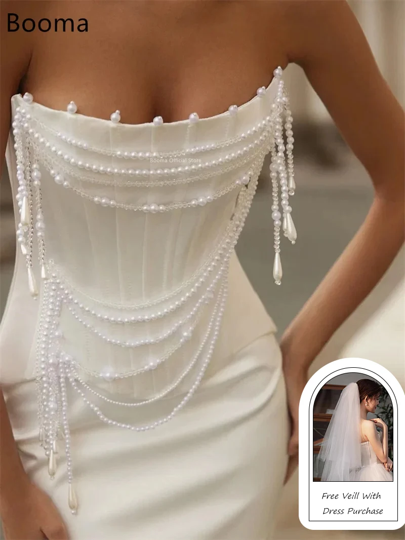 Booma Mermaid Strapless Pearls Satin Simple Long Wedding Dresses Sleeveless Corset Elegant Brides Gown Custom Made 2025