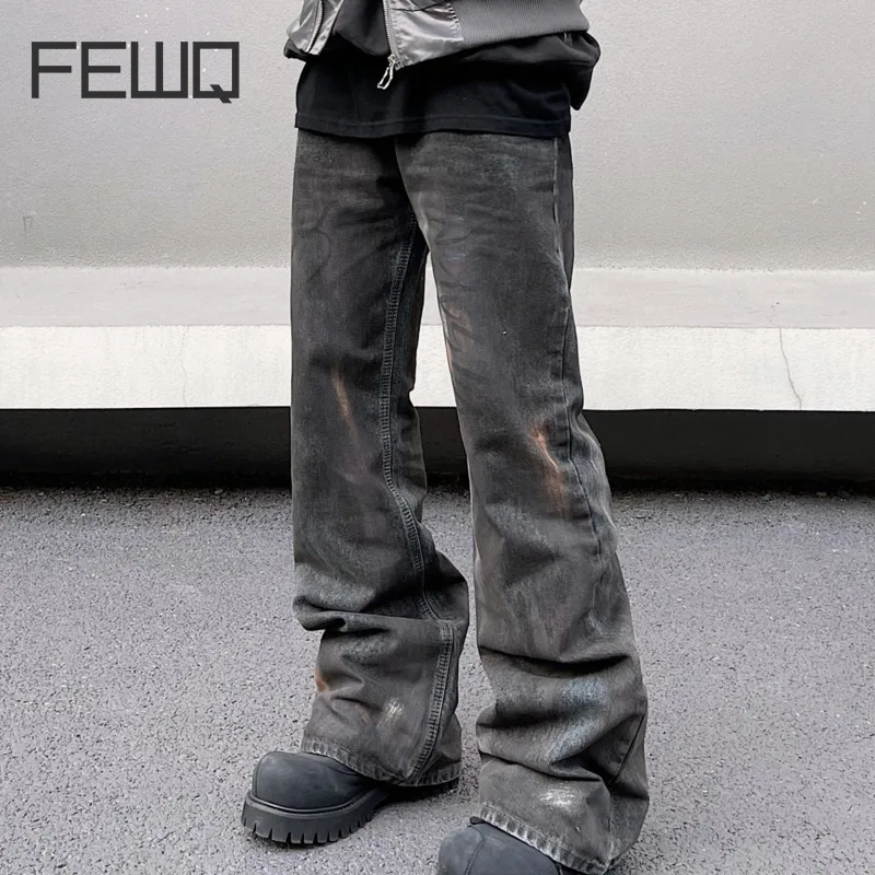 

FEWQ American High Street Men's Mud Dyed Jeans Vibe Micro Flared Pants 2024 Vintage Wide Leg Male Trousers Fashion 24X4181