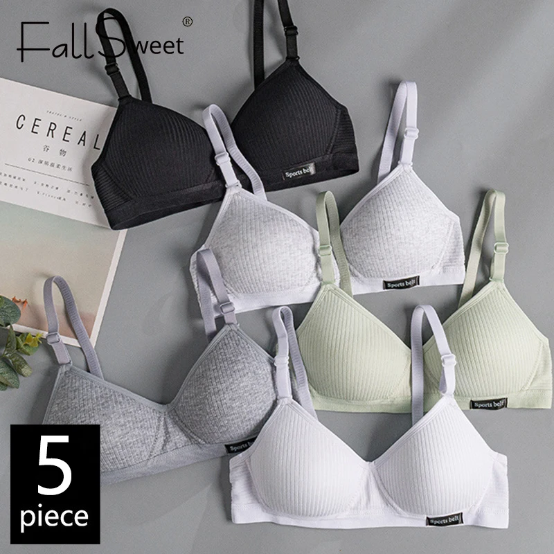 Fallsweet 5 pçs meninas algodão sem fio sutiã adolescentes ab copo sem costura push up bralette feminino reunido decote em v lingerie sutiã macio