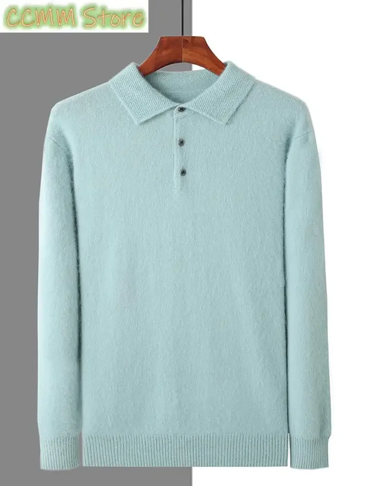 Mink Cashmere Jacket Men's POLO Collar Pullover Spring Autumn New Knitted Tops Casual Loose Large Size Men's Shirts