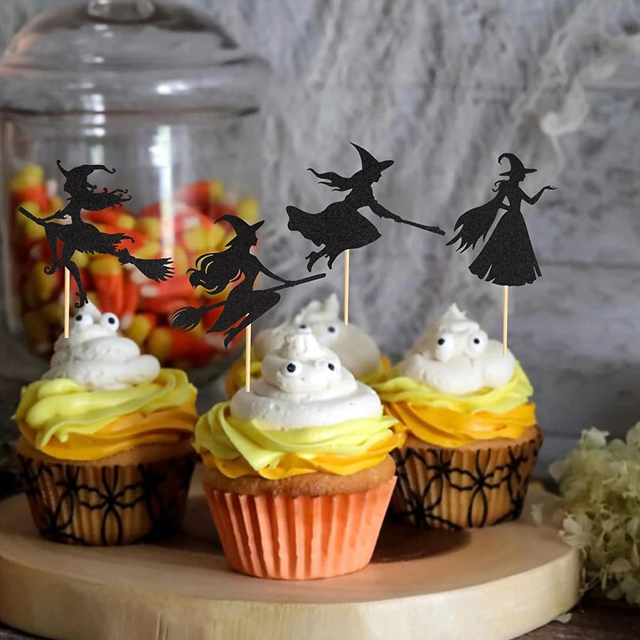 4 Stück Cupcake-Topper mit Hexenmotiv für Halloween, inklusive Tortenstäbchen zur Dekoration und als Gastgeschenke für Partys. – Detail 5