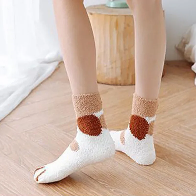 5켤레 가을 겨울 산호 벨벳 양말 귀여운 고양이 발톱 양말 여성용 소녀용 중간 길이 두꺼운 수면 홈 플로어 양말