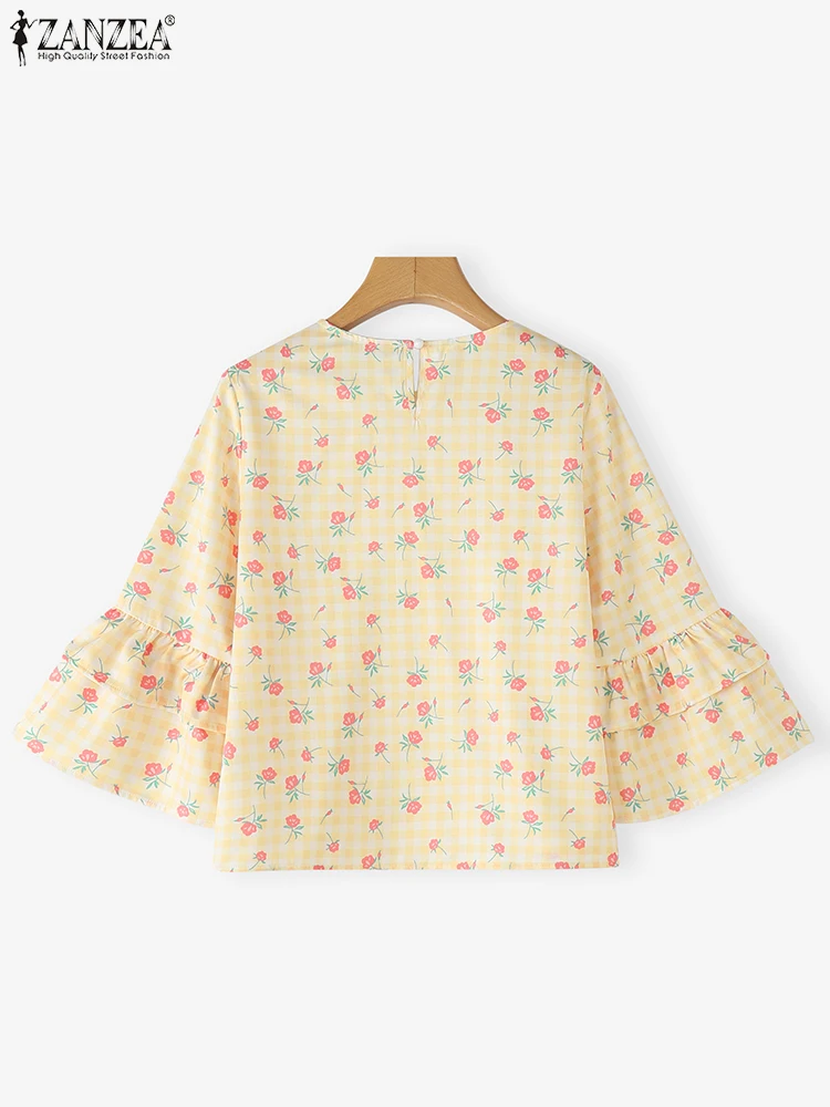 ZANZEA Damskie Bluzki z Falbankami Vintage Krata Krótki Rękaw Letnie Bluzki Boho Bluzki 2025 Oversize Luźne Bluzki z Nadrukiem