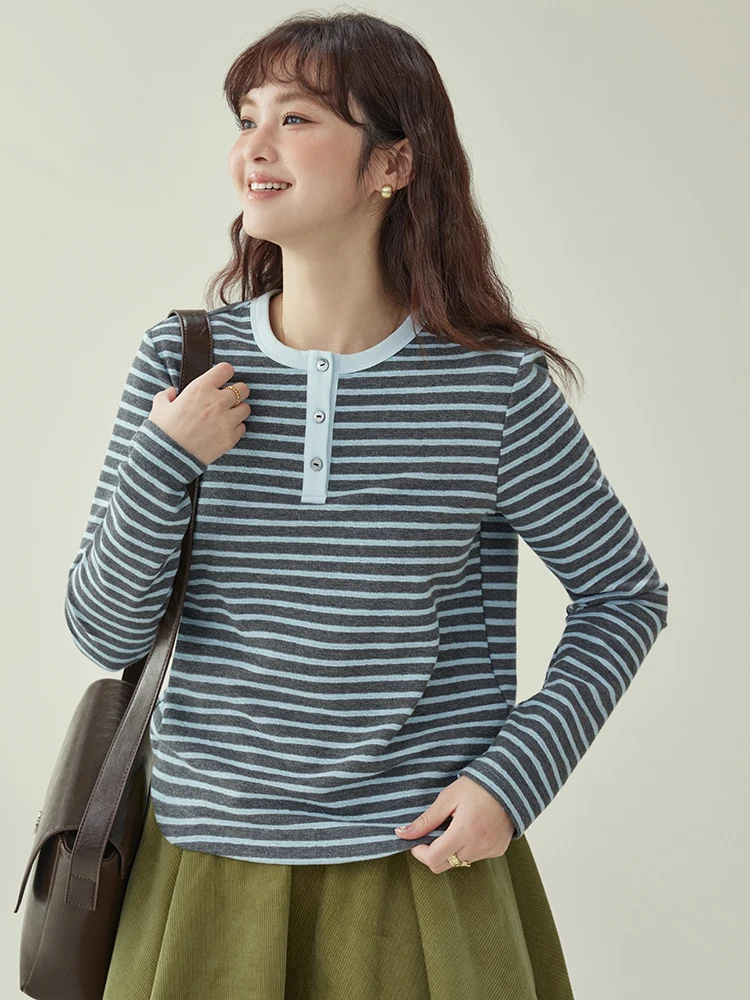 

Женская зимняя новинка: утепленная двухслойная футболка с длинным рукавом, в полоску, с открытым воротником, в стиле пэчворк