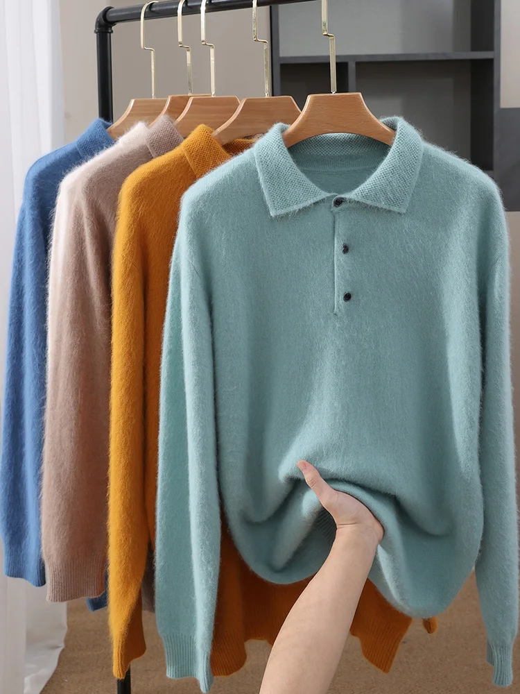Winter Mens Long Sleeve Button Knit Pullover Sweater Mink cashmere Casual Polo collar Pullover Autumn Classic Warm HeavyWeight