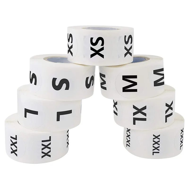

Новинка 1 дюйм/500 шт. 7 моделей белых круглых этикеток на одежду XS/S/M/L/XL/XXL/XXXL наклейки для одежды обуви шляпы нижнего белья бирки для бюстгальтера