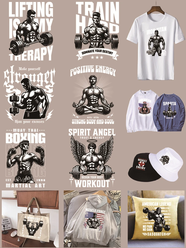 Vintage Black White Bodybuilding Barbell Boxing Iron On Heat Transfer Patches Workout Muscle Print Stickers For T-shirt Hoodie