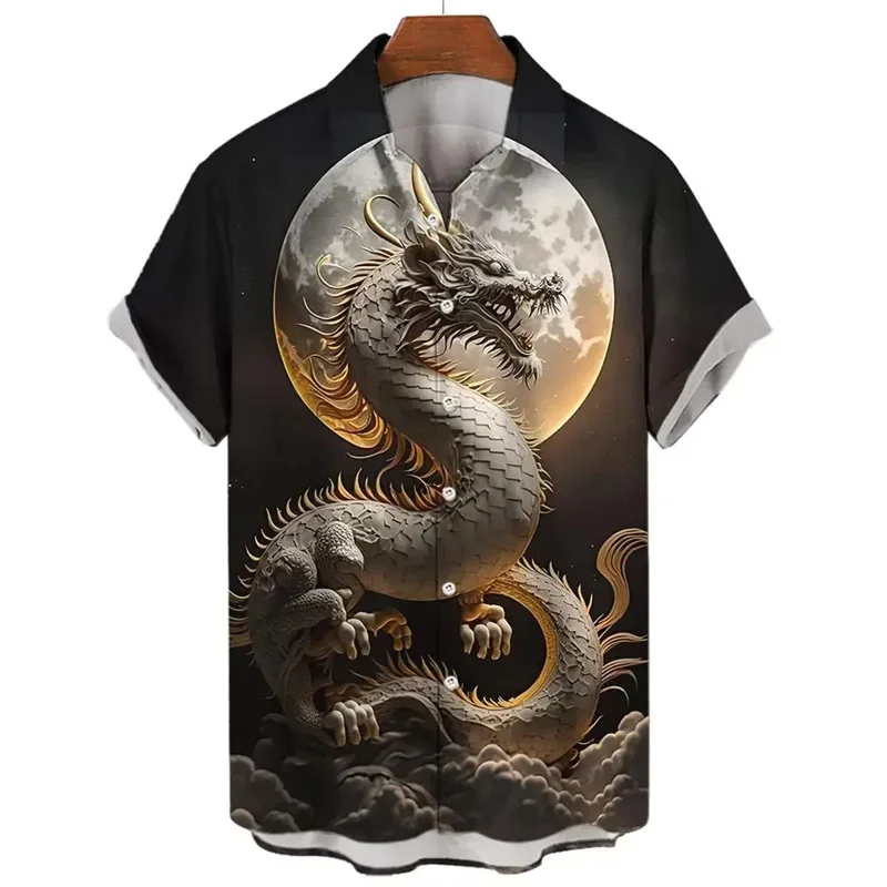 Dragon Pattern Hawaiian Shirt For Men Exquisite 3D Print Short Sleeve Blouse Street Casual Beach Lapel Tops Loose Aloha Shirts