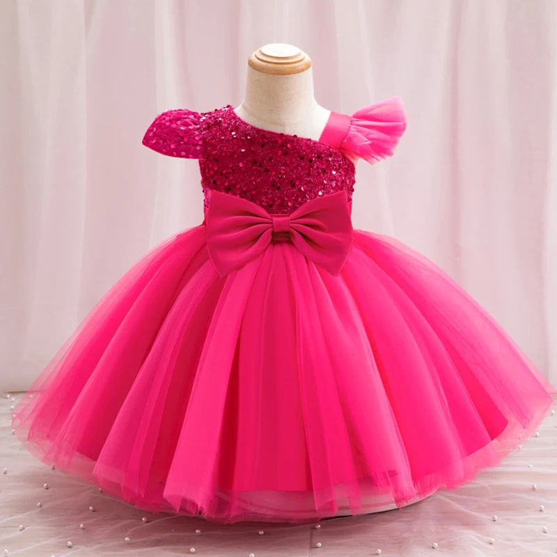 Fly Sleeves 1st Birthday Baby Party Dresses for Girl Christmas Costumes Sequin Bow Wedding Princess Girls Dress Bridemaids Gown