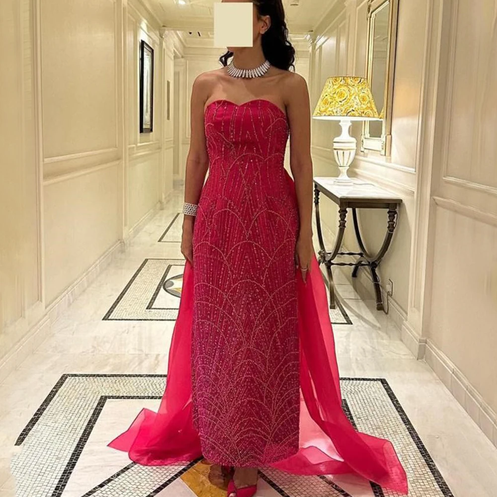 

Dream Exquisite Beading Lace Evening Dress Sweetheart Ankle Length Straight Sleeveless Customized with Organza Sweep Train Gowns