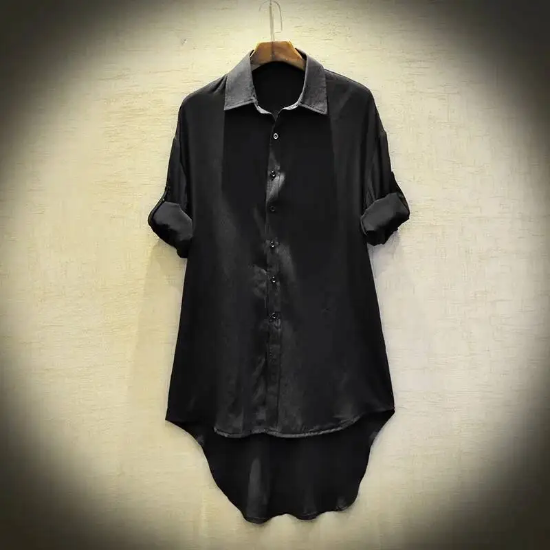 HKSH Spring Summer New Men Tide Dark Mid-length Shirt Turn-down Collar Long Sleeve Casual Trend Punk Chic Ins Shirts Top HK22374