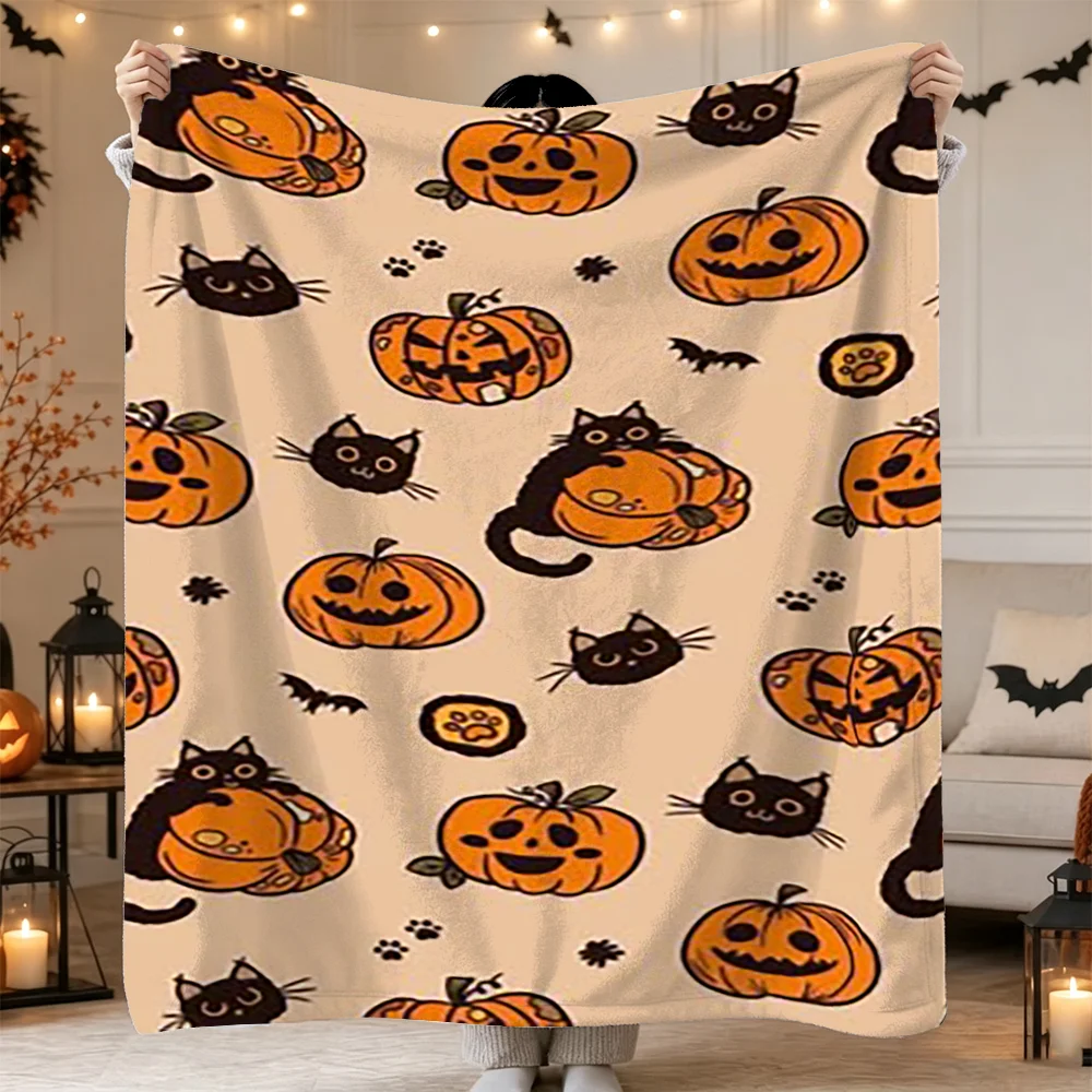 Halloween Pumpkin and Black Cat Print Flannel Blanket Festive Holiday Home Decor Soft Throw