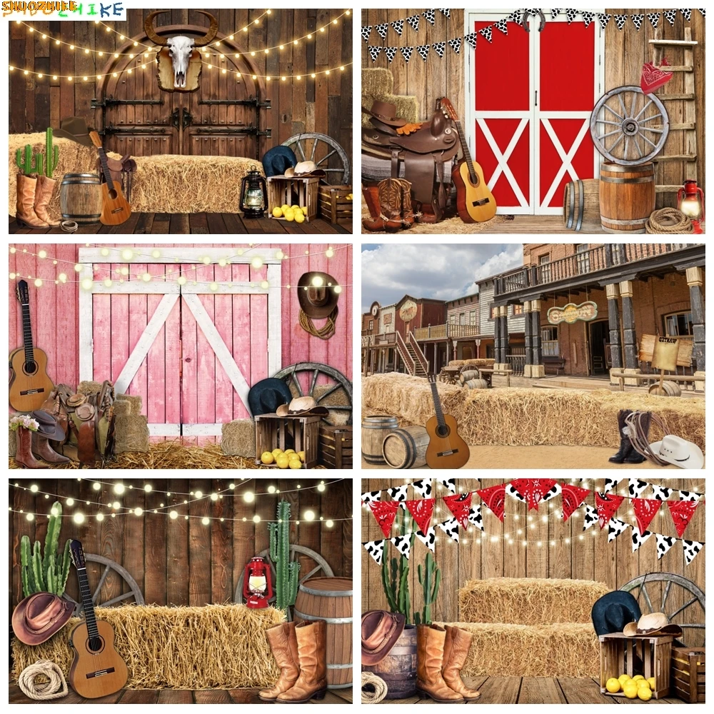

Western Cowboy Horse Photography Backdrops Rustic Farm Wood Barn Door Kids Birthday Party Decor Indoor Cowgirl Background VF-01