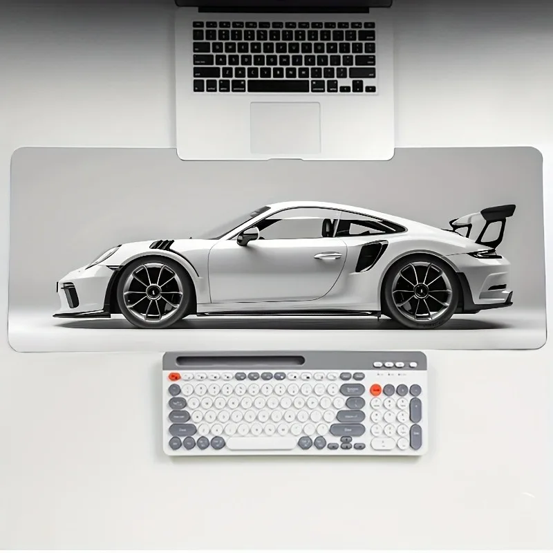 Cooles Sportwagen-Muster, weißes Kunst-Mauspad, großes Gaming-Mauspad, XXL-Gummi, rutschfest, HD-Gaming-Tastatur, Mauspad, lange Schreibtischunterlage