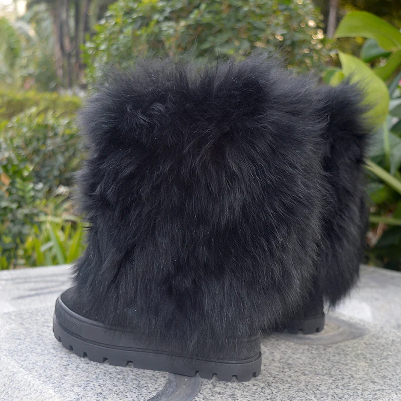 

Black Wool Fur Snow Boots 10cm Inner WedgesThick Sole Mid-Calf Boots Winter Full Fur Boots Woman Short Height Increasing Booties