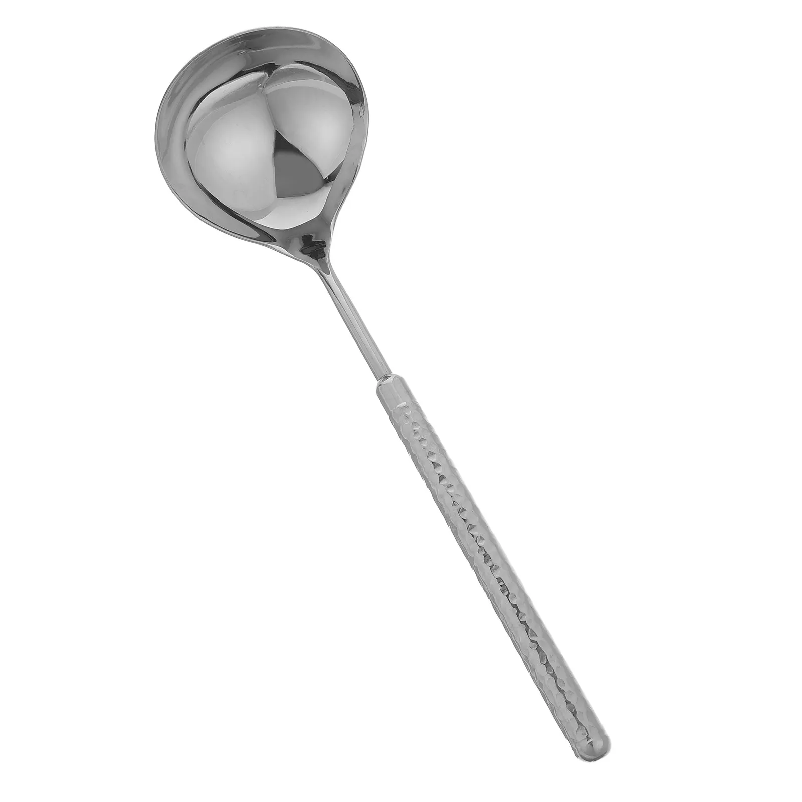 Cuchara de acero inoxidable martillado con mango largo para salsas, sopas asiáticas y hot pot, ideal para cocinar y servir.