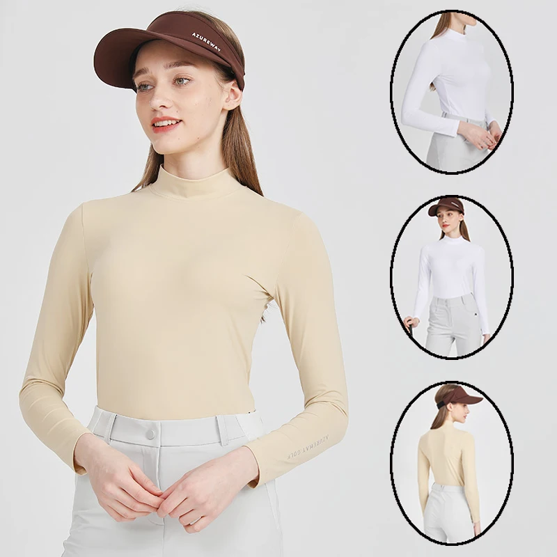 

AW Summer Golf Clothing Women Sunscreen Stand Collar Tops Long Sleeve Ice Silk T-Shirt Slim Skinny Shirt Golf Sports Tees