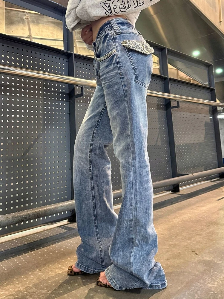 All-match Slim Denim High Waist Pants Flare Leopard Patchwork American Vintage Trousers Premium High Street Moda Jeans