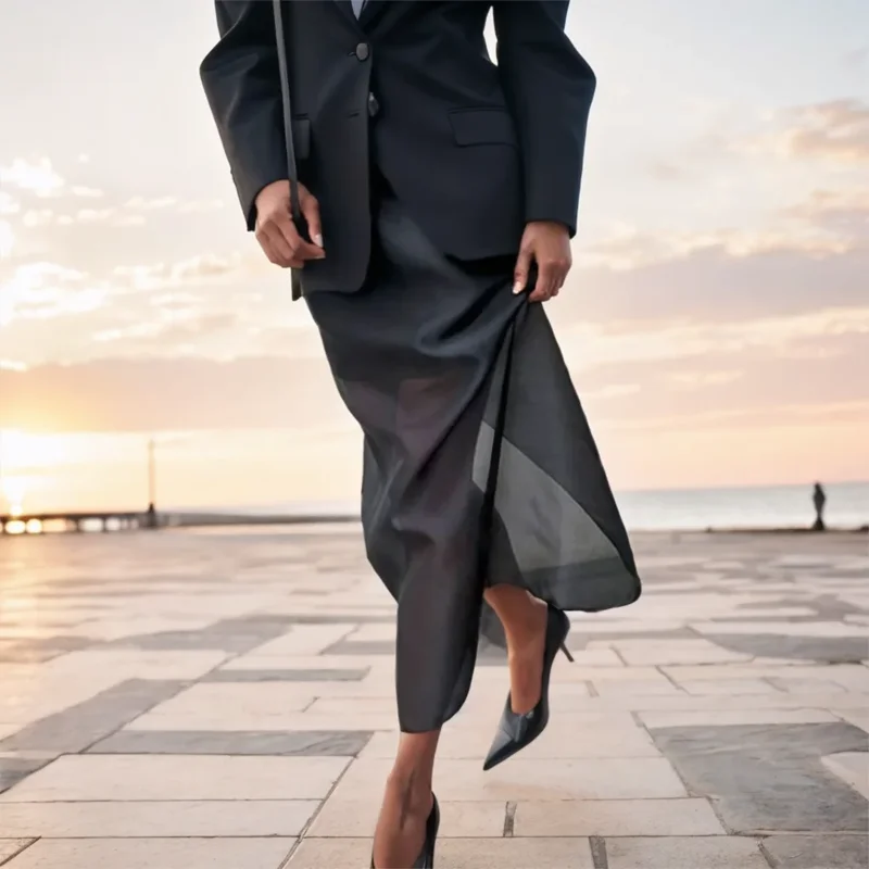 New Fashionable Versatile Black Mesh Skirt for Women Double-Layer Design Sheer High-Waisted Split Pencil Skirt