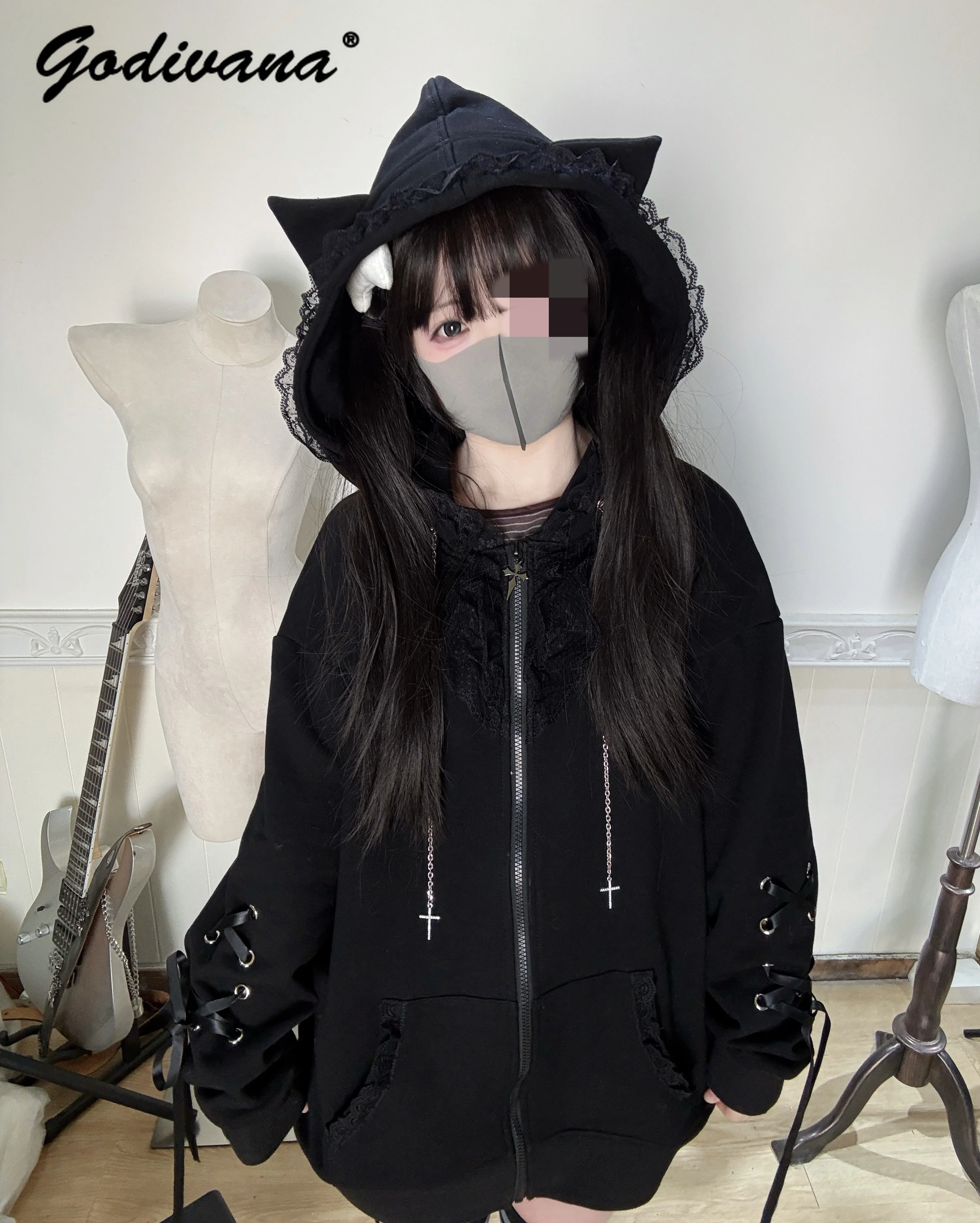 Original Spring and Autumn Female Goth Hooded Black Hoodie Coat Girls Lace Ribbon Cute Cat Ear Zipper Jacket Outwear