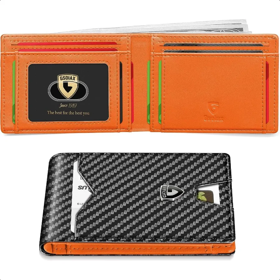 

GSOIAX Mens Slim Wallet for Men Minimalist Genuine Leather Carbon Fiber Rfid Blocking Bifold Credit Card Holder With Gift Box C