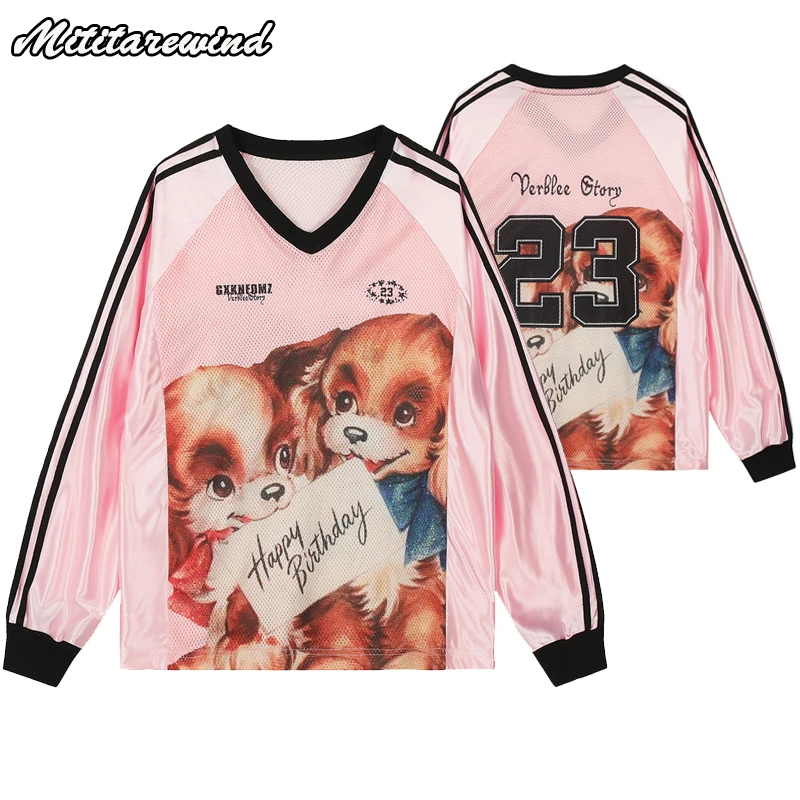 Spring Autumn Long Sleeve Sport Mesh T Shirt Men Hip Hop Streetwear Casual Loose Sizde Striped Cartoon Puppy Printed Tops Tees