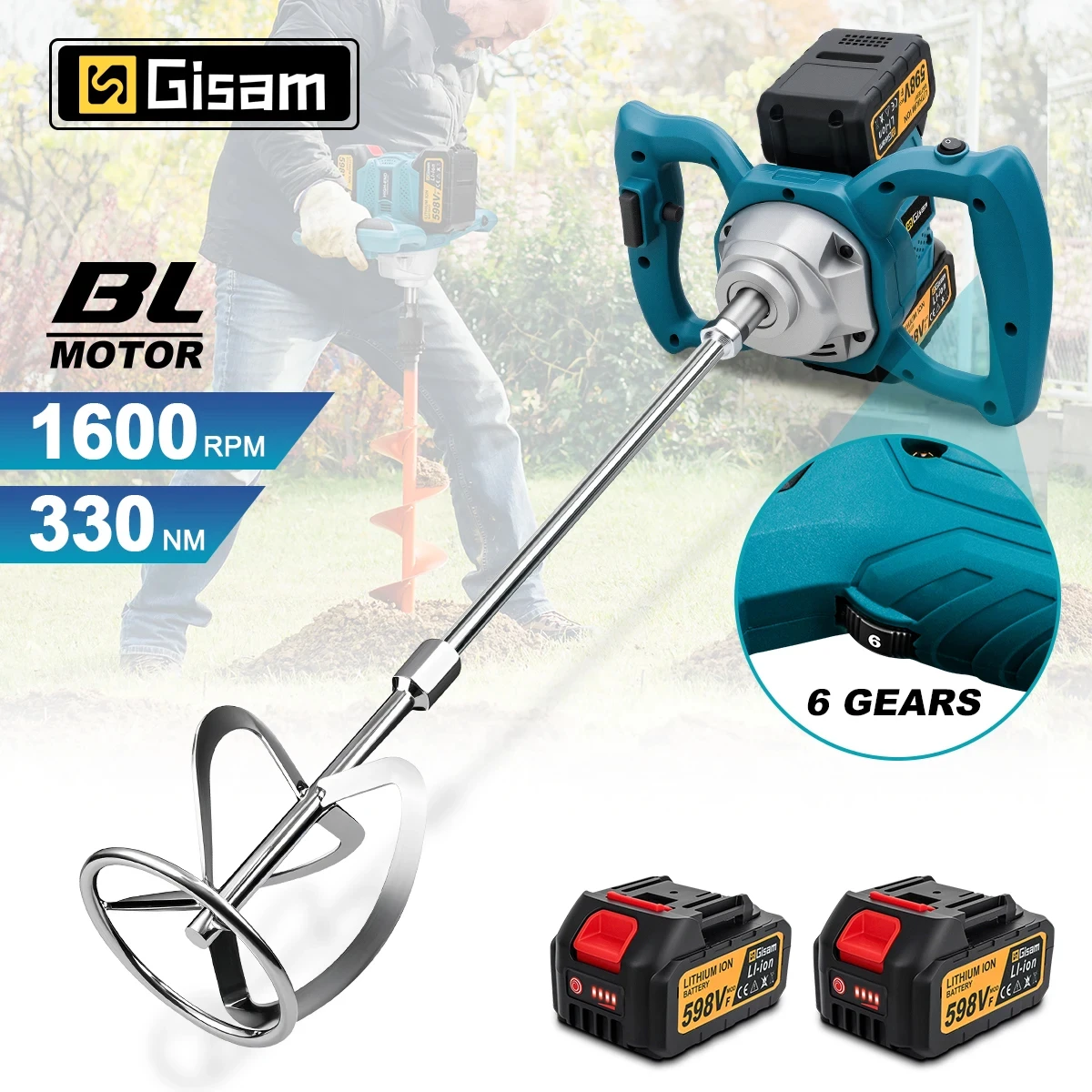 マキタ18Vバッテリーピン用Gisam 40Vブラシレス電動コンクリートミキサー、ダブルバッテリーピンミキサー、コードレスセメントペイントブレンダー