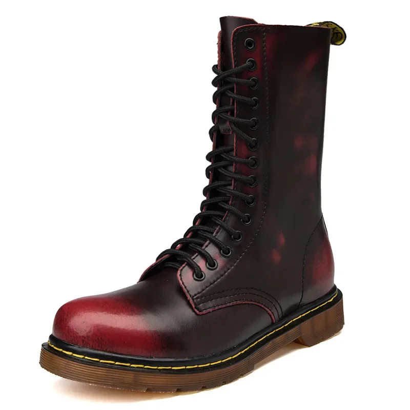 Unisex Large Size Cowhide Vintage Lace-up Combat Boots Men Riding Flat Women Motorcycle Short Snow Warm Plush