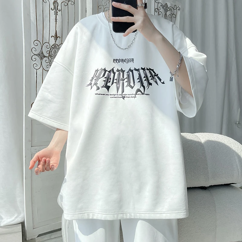 

Gothic Suede T-shirt Letter Print Short Sleeve T Shirt Hip-hop Streetwear Large Size Couples Tee Top Male Casual Loose Clothing