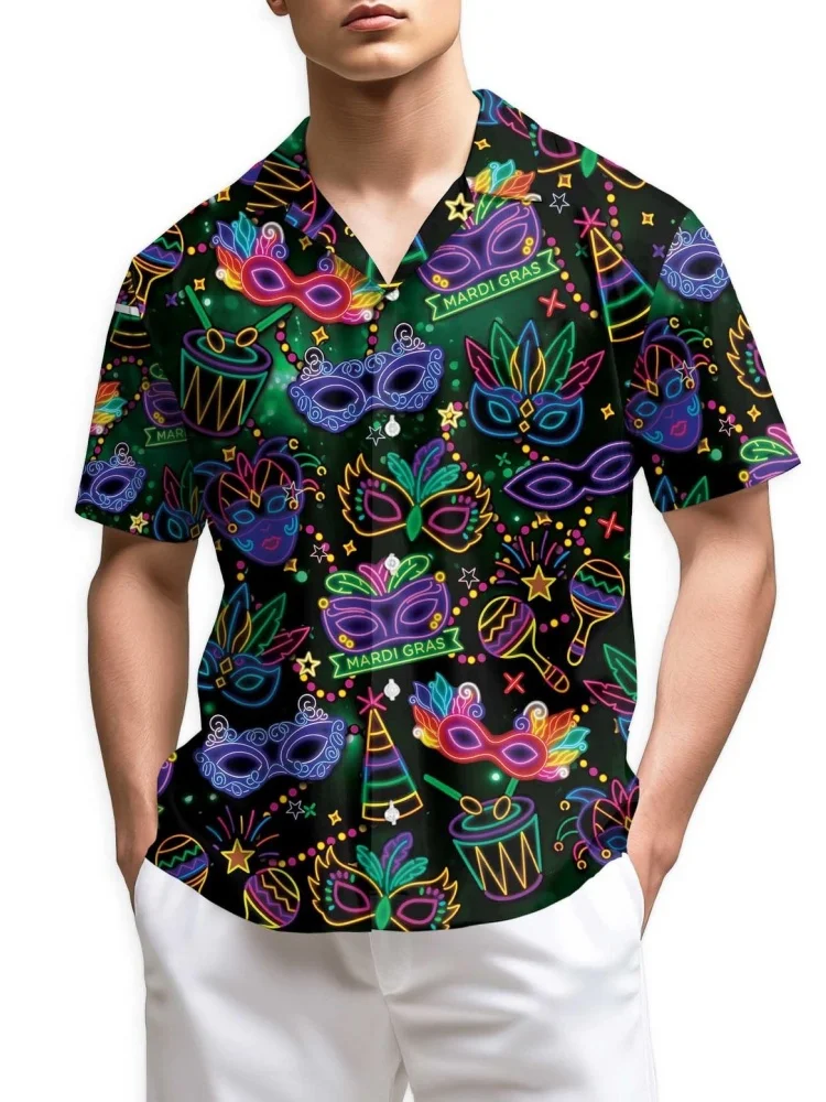 

Модная неоновая гавайская рубашка для карнавала Марди Гра, повседневная свободная яркая туника в стиле Алоха, унисекс, для вечеринок и фестивалей, с цветным отложным воротником
