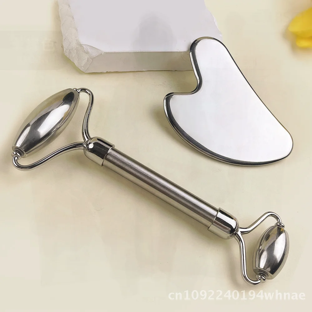 304 스테인리스 스틸 페이셜 롤러 마사지 세트 얼굴 및 어깨용 스팟 스크래핑 보드 - 수동 안티에이징 스킨케어 도구