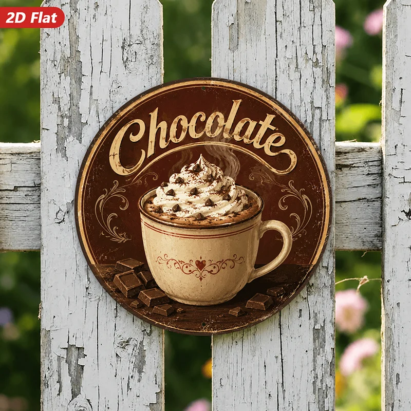 2D Flat, 1pc Chocolate Mug Whip Round Metal Sign Wall Art, Whipped Cream Swirl, Chocolate Squares, Perfect for Garden Study, Rus