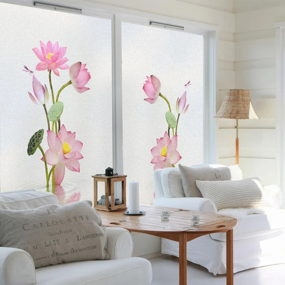 Static Cling Privacy Window Film Heat Control UV Blocking Window Glass Sticker Frosted Water Lily Window Tint