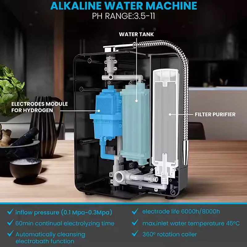 Alkaline Water Ionizer Machine, 11 Titanium Platinum Plates, Hydrogen Generator, Home Countertop Purifier Filter