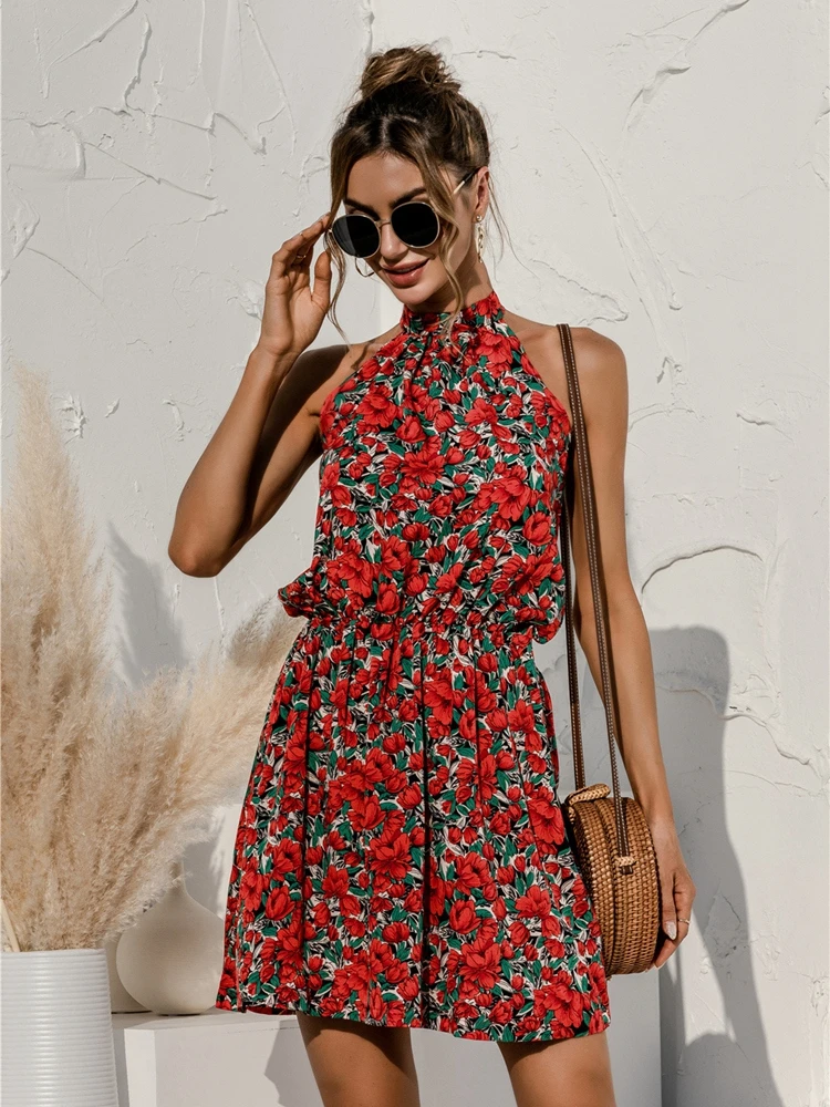 Women Summer Sexy Halter Floral 2022 New Slim Leopard Print Short Dress Ladies Sleeveless Strapless Beach Dresses