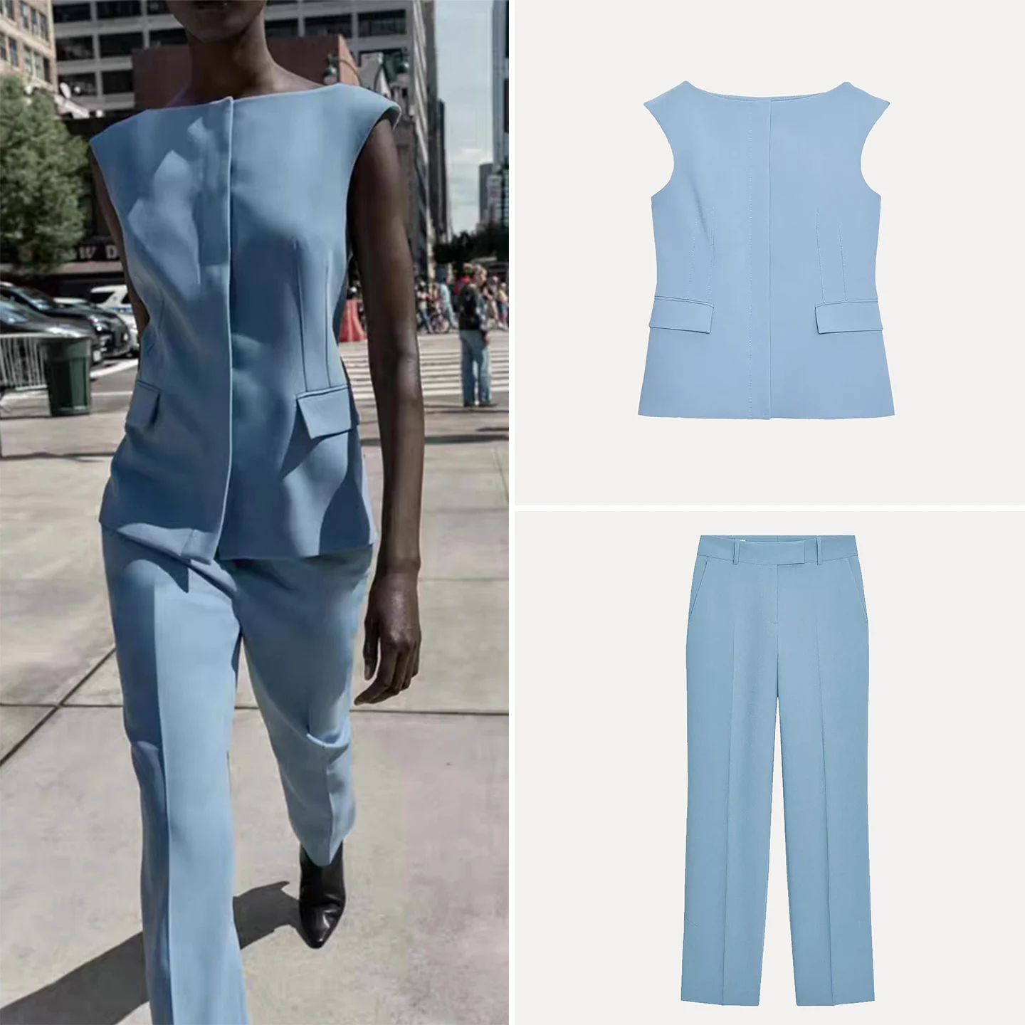 

Женский модный комплект Z, осенний сезон 2022, прямые брюки с высокой талией, жилет на одно плечо, чистый цвет