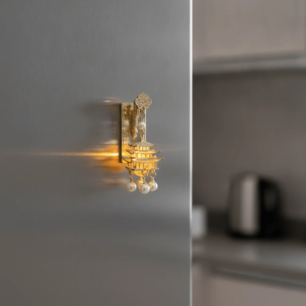 3D Glowing Lantern Fridge Magnet Retro Openwork Design Chinese Architecture Fridge Magnet with Faux Pearls Metal