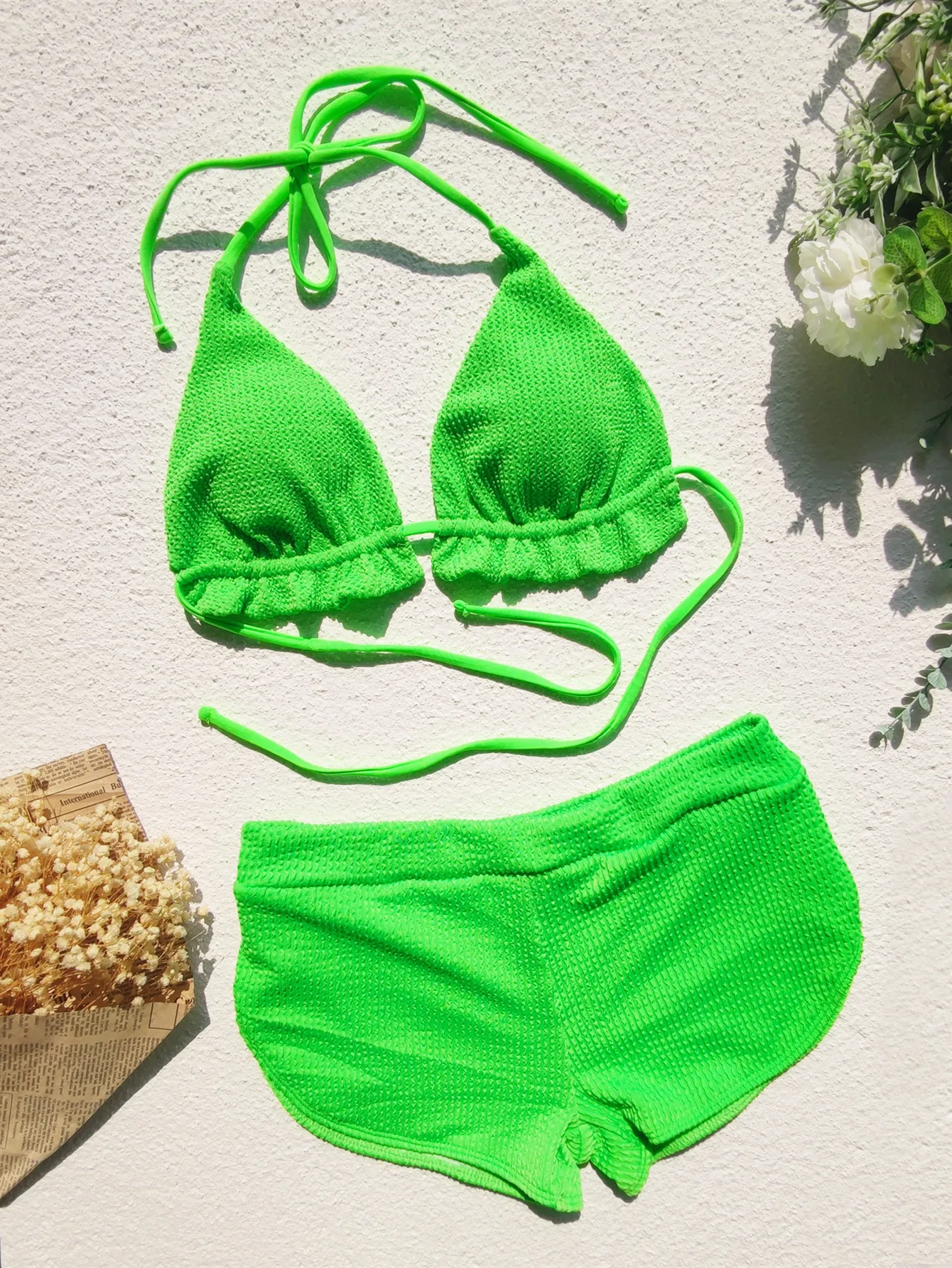 

sexy solid ribbed shorts bikinis sets two pieces halter back tie swimsuit swimwear women beach outfits bathing suit biquini