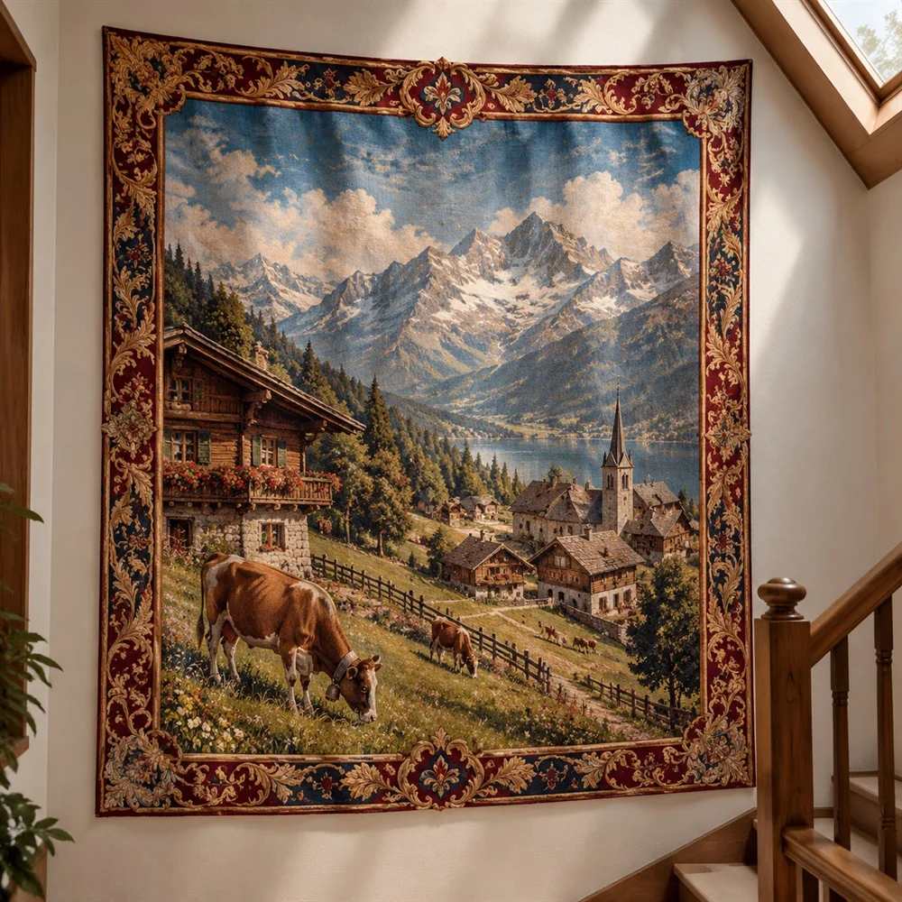 VIKAMA Alpine Village Scenery Tapestry Wall Hanging, Aesthetic European Room Decor Tapestries for Study Living Room Bedroom