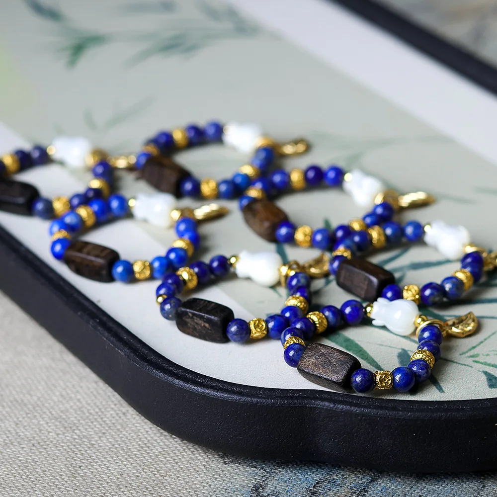Hand-woven Lapis lazuli pearl shell Chinese style ring, cultural relic, Dala dry agarwood original design ring